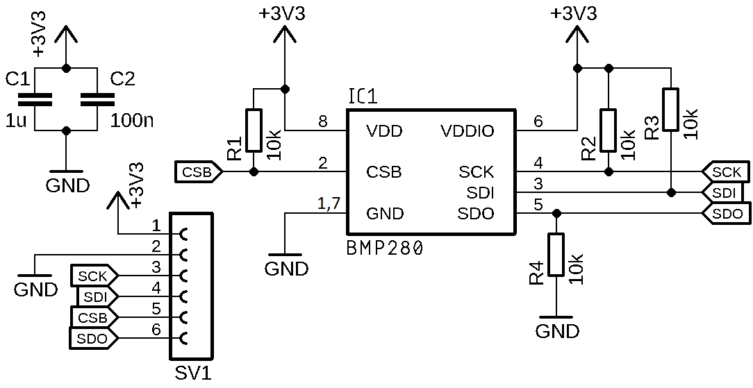 Obr. 3   Elektrická schéma zapojenia rozširujúcej DPS so senzorom BMP280.