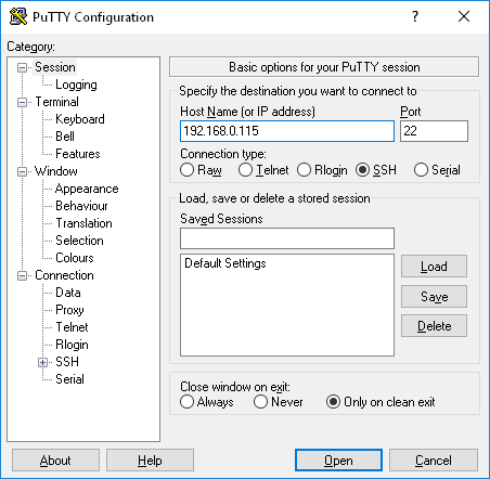 Pripojenie cez protokol SSH prostredníctvom klienta PuTTY